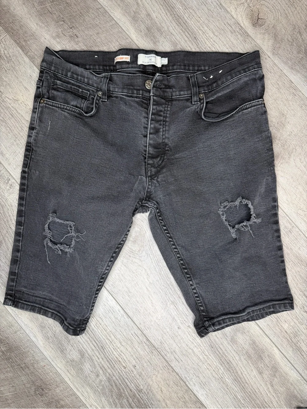 Topman Grey Black Distressed Denim Shorts